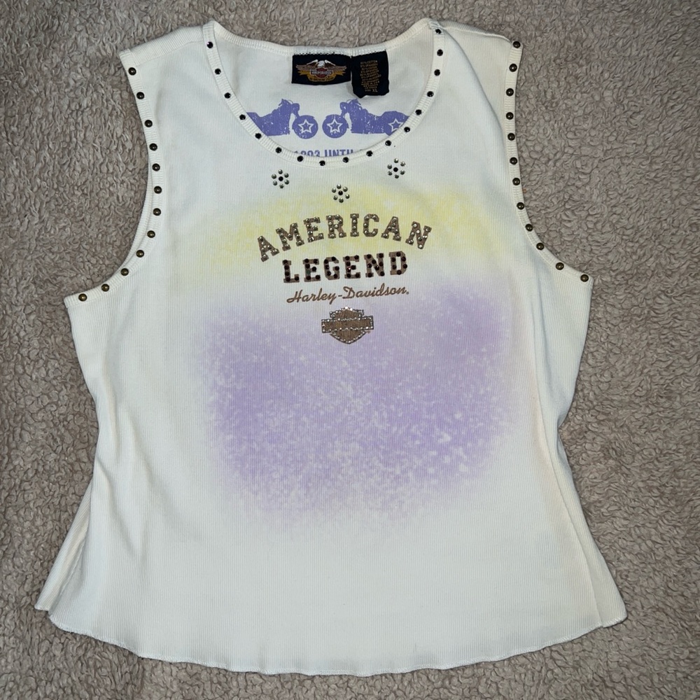 Harley-Davidson White Tank with Purple and Yellow Gradient, Stud Trim